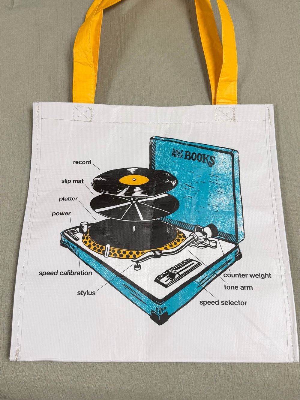 Yellow Handle Record Player Tote Bag